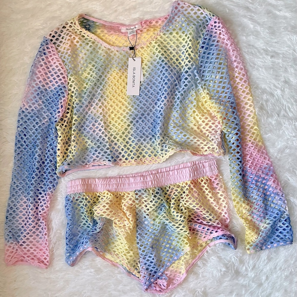 ISLA BONITA L/XL Pastel Rainbow Mesh Lounge Set NWT – Tie-Dye Two-Piece Vibe!